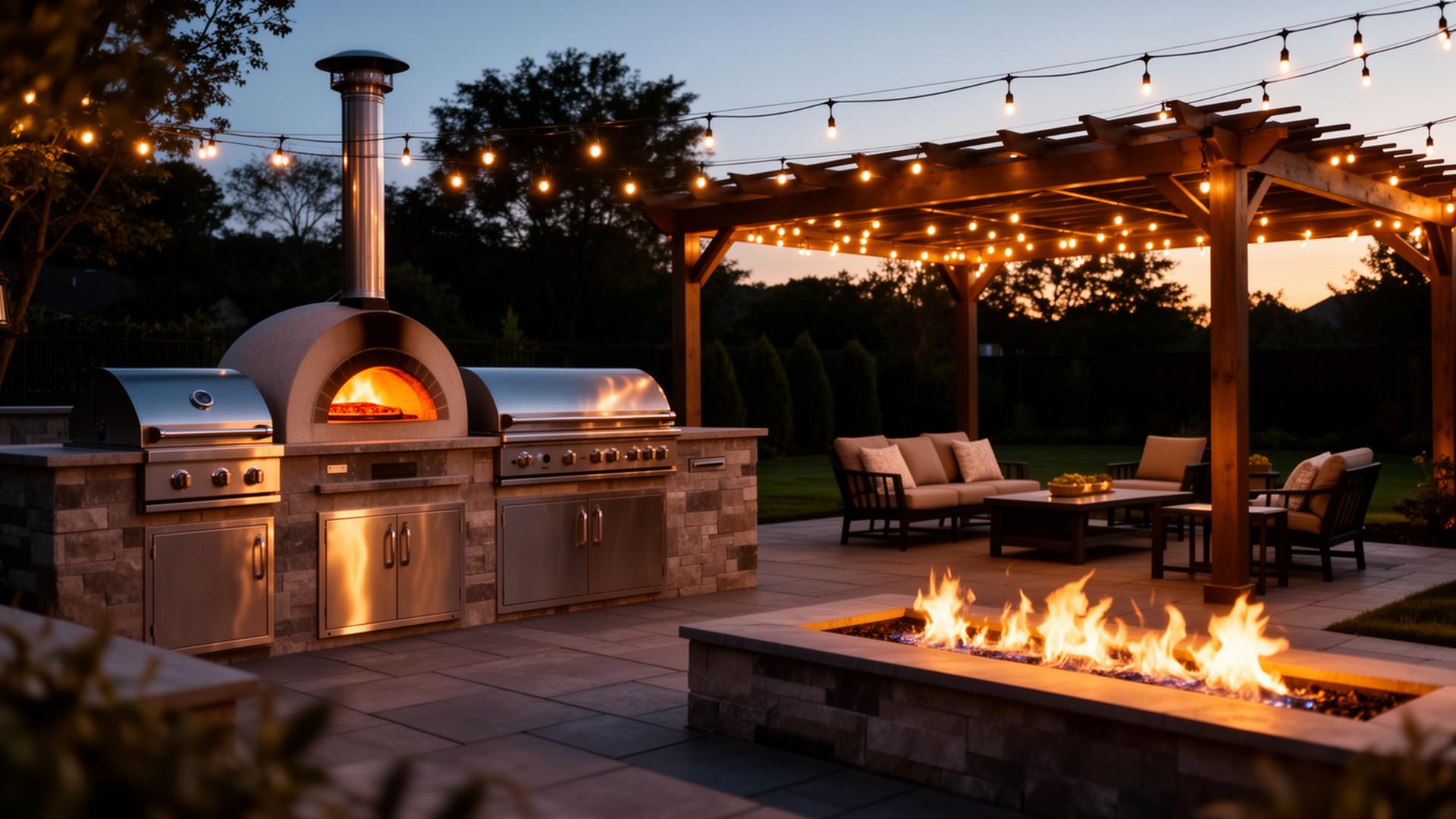Luxury outdoor backyard with kitchen, pizza oven and pergola